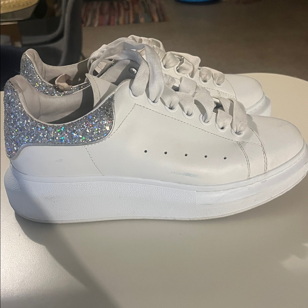 Alexander McQueen White Sneakers with Silver Glitter Detail